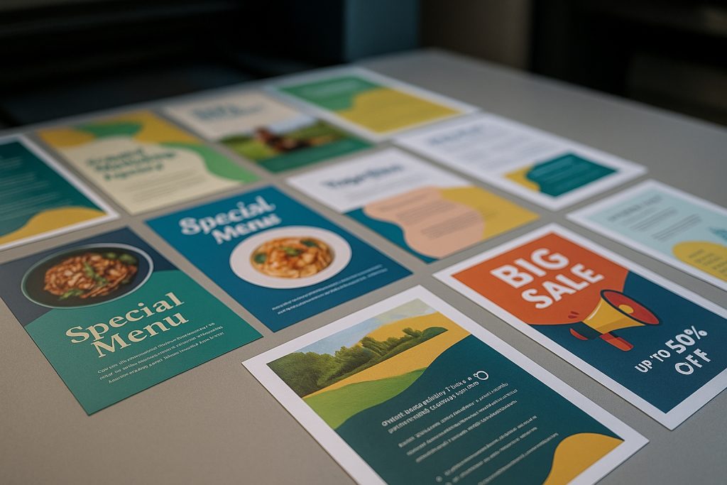 High-quality photo of freshly printed colorful flyers and leaflets arranged neatly on a print shop table, showcasing vibrant designs and paper textures at Express Print Studio, Peterborough.