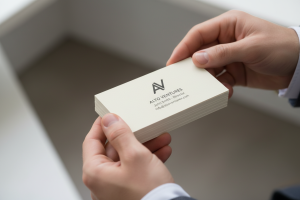 Hand holding premium business cards printed in Peterborough