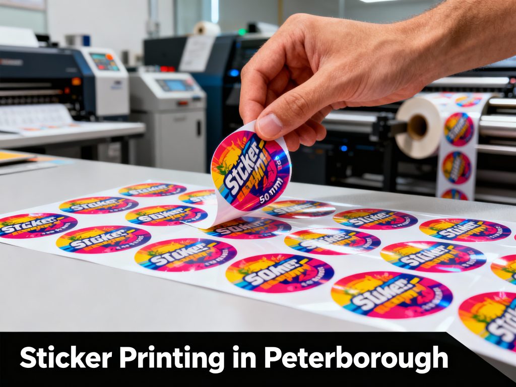 Hand peeling a vibrant custom sticker in a modern print studio for sticker printing in Peterborough