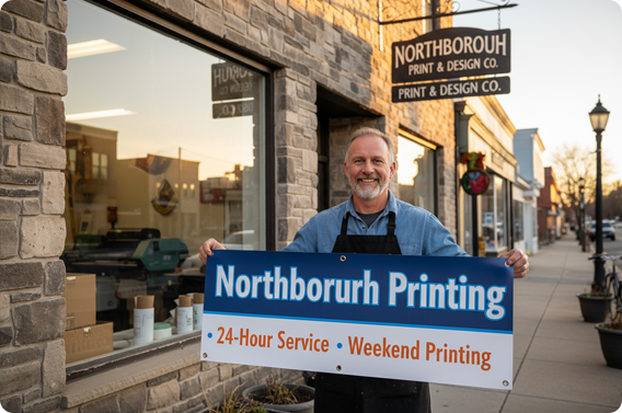 printing shop Northborough banner 24 hour service weekend printing.