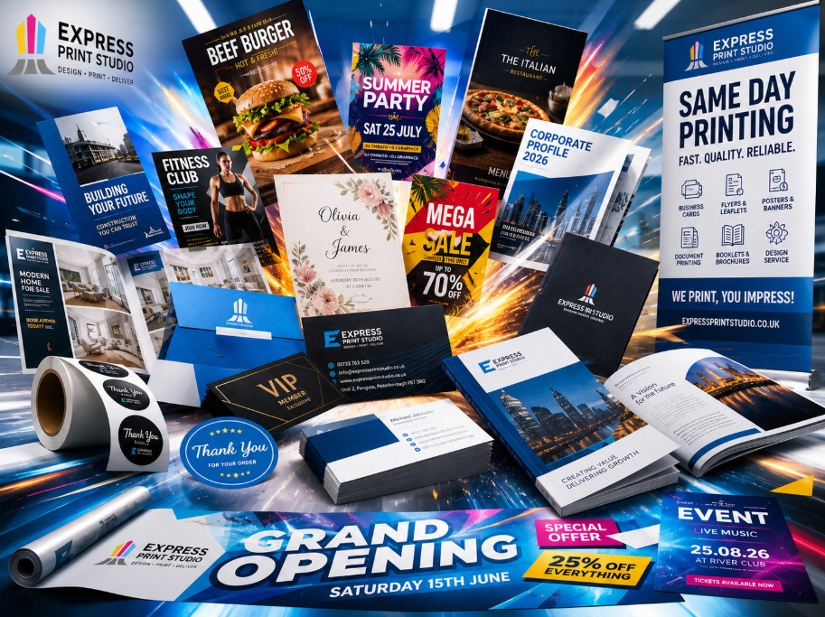 Vibrant same day printing products including business cards flyers posters banners and documents by Express Print Studio Peterborough